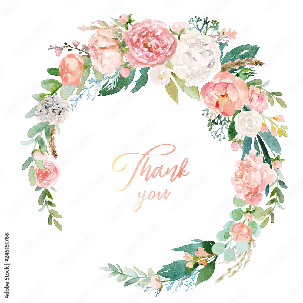 Watercolor floral illustration - wreath with bright white, pink vivid ...