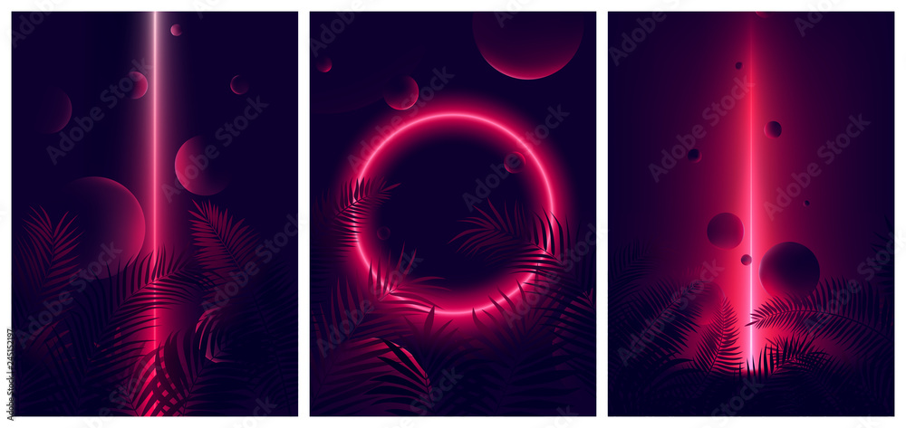 Glowing line red neon reflex on tropical leaves and spheres, Futuristic gradient glow on dark background, Vector retro poster - obrazy, fototapety, plakaty 