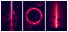 Glowing Line Red Neon Reflex On Tropical Leaves And Spheres, Futuristic Gradient Glow On Dark Background, Vector Retro Poster