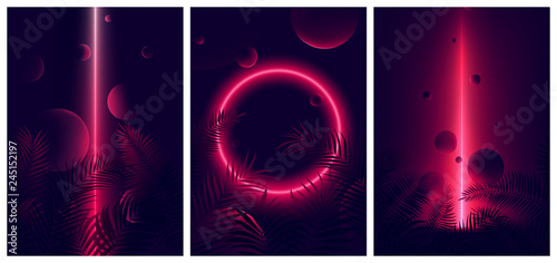 Photographie  Glowing line red neon reflex on tropical leaves and spheres, Futuristic gradient