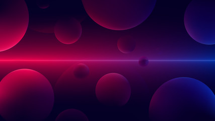 Wall Mural - bright neon ray is glowing in red with blue light reflected in spheres, futuristic ultraviolet light