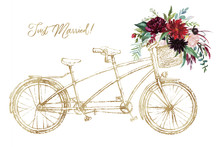 Watercolor Hand Painted Romantic Illustration On White Background - Gold Vintage Wedding Tandem Bicycle With Basket Of Flowers. Just Married! Floral Bouquet - Peonies, Anemone, Roses, Leaves, Branches