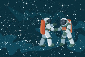 Wall Mural - Cartoon astronauts meeting and handshake on space colored background