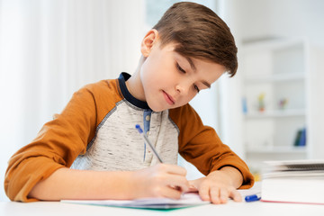Wall Mural - education, childhood and people concept - boy doing homework and writing to notebook at home