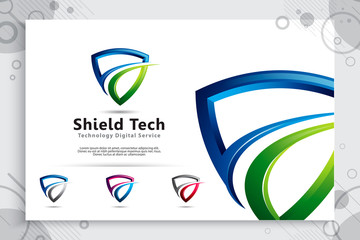 Wall Mural - 3d shield tech vector logo design with modern concept , abstract illustration symbol of cyber security  for digital template protection software company.