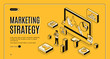 Digital marketing agency isometric vector web banner. Internet entrepreneur planning business strategy, analyzing statistics data online line art illustration. Financial analytic company landing page
