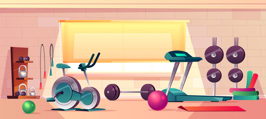 Vector cartoon background of gym with big window. Spacious place with barbells, treadmill and rubber balls. Sport interior with dumbbells and training bike. Athletic, healthy concept.