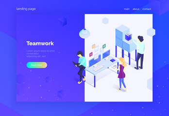 Poster - Teamwork. Landing page for web. A group of specialists interact with digital systems. Website design development. The working process. Modern vector illustration isometric style. Ultraviolet.