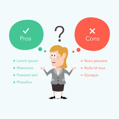 Poster - Businesswoman thinks about pros and cons. Easy to use for your website or presentation with place for your content.