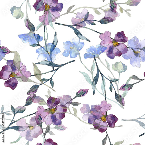Dekoracja na wymiar  niebieski-fioletowy-len-kwiatowy-kwiat-botaniczny-zestaw-ilustracji-tle-akwarela-bezszwowy