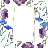 Fototapeta Tulipany - Blue purple flax floral botanical flower. Watercolor background illustration set. Frame border ornament square.