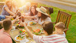 © Gorodenkoff - Family and Friends Gathered Together at the Table Raise Glasses and Bottles To Make a Toast and Clink Glasses. Big Family Garden Party Celebration.