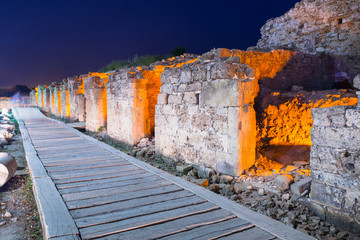 Wall Mural - Ruins of ancient houses in Side town at night, Turkey