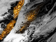 © ogologo - Creative abstract hand painted background, wallpaper, texture, close-up fragment of acrylic painting on canvas with brush strokes. Modern art. Black and white with gold background. Contemporary art.