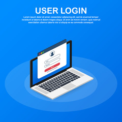 Poster - Sign in to account, user authorization, login authentication page concept. Laptop with login and password form page on screen. Vector illustration.