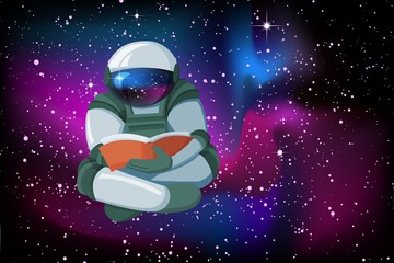 Wall Mural - Cartoon Floating astronaut reading a book on smooth glow night sky background