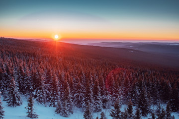 Mountain winter landscape with snow and pine forest. Colorful sunset view from the top of the mountains with valley fog in the evening. Wolfswarte, Torfhaus, Harz Mountains National Park in Germany