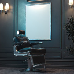 Wall Mural - White blank canvas poster with illumination in modern barber shop, 3d rendering.