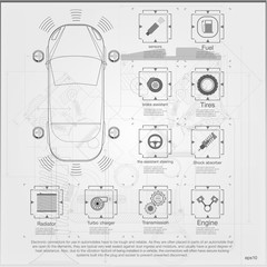 Poster - Smart car is automatically parked in the Parking lot, the view from the top. Parking Assist system security scans the road. Vector illustration.