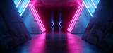 Fototapeta Do przedpokoju - Futuristic Sci Fi Modern Realistic Neon Glowing Purple Pink Blue Led Laser Light Tubes In Grunge Rough Concrete Reflective Dark Empty Tunnel Corridor Background 3D Rendering