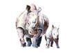 Rhino with calf in the wild environment. watercolor.