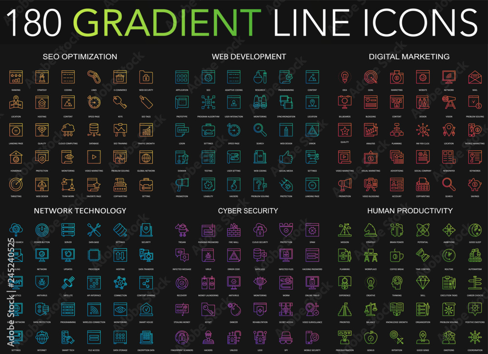 180 trendy gradient style thin line icons set of seo optimization, web ...
