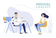 Medicine concept with doctor and patient. Practitioner doctor man and young woman patient in hospital medical office. Consultation and diagnosis.