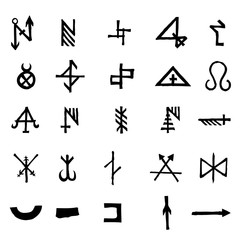 Set of alchemical symbols isolated on white background. Hand drawn and written elements for signs design. Inspiration by mystical, esoteric, occult theme. Vector.