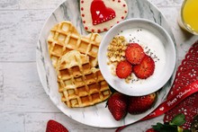 Valentines Day Breakfast Heart Shaped Waffles And Yogurt Granola Bowl