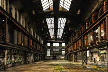 Symetric View Of A Abandoned And Runied Factory Hall With Glass Roof