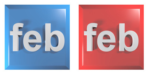 Poster - Blue and red couple of square push buttons FEBRUARY - 3D rendering illustration