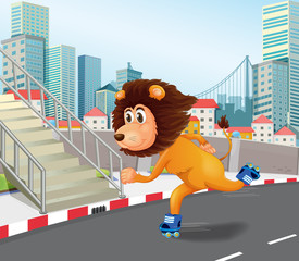 a lion roller skate in urban town