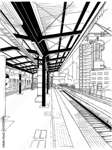 漫画風ペン画イラスト 駅 ホーム Stock Illustration Adobe Stock