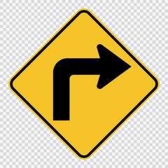 right turn ahead traffic sign on transparent background