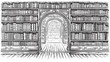 Library book shelf interior graphic sketch black white illustration vector