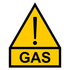 yellow hazard warning sign, exclamation mark and text word gas, vector sign for gas pipeline