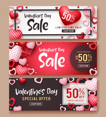 Wall Mural - Valentines day sale vector banner template set. Valentines day sale text with hearts elements in red and white backgrounds for shopping promotions. Vector illustration.