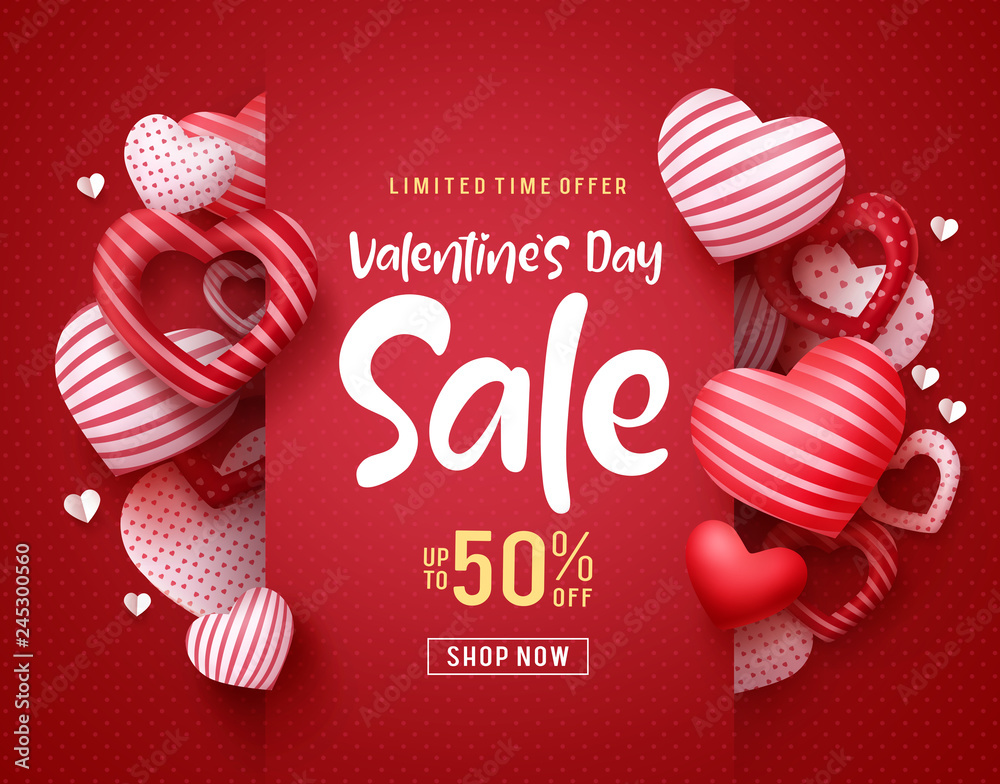 Valentines day sale vector banner. Sale discount text for valentines day shopping promotion with hearts elements in red background. Vector illustration. - obrazy, fototapety, plakaty 