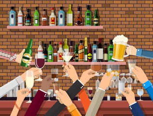 Wall Mural - Hands group holding glasses with various drinks.