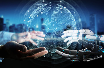 Fototapete - Robot hand and human hand touching digital world 3D rendering