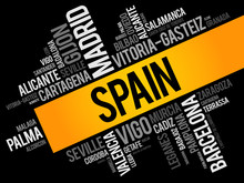 List Of Cities In Spain Word Cloud, Spanish Municipalities, Business And Travel Concept Background