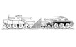 Cartoon drawing conceptual illustration of group of enemy tanks defending on against each other on border line ready to fight. Concept of conflict and war.