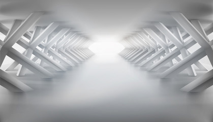 Empty long hall with many supports. Illuminated tunnel. Vector illustration.