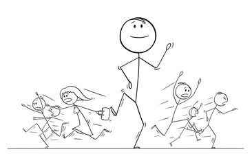 Poster - Cartoon stick figure drawing illustration of group or crowd of people running in panic away from giant walking man. Metaphor of ego, egoism and confidence.