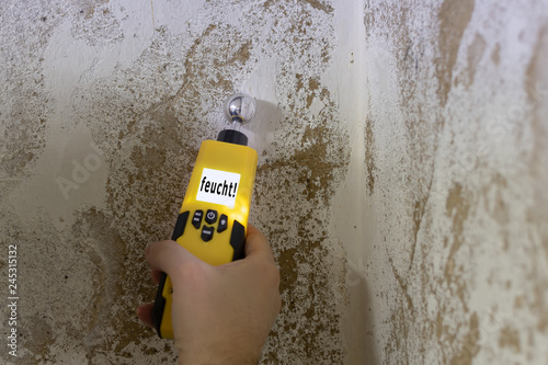 Mit einem Feuchtigkeitsmessgerät wird eine Kellerwand gemessen Poster Mural XXL