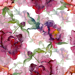 Purple peony floral botanical flower. Watercolor background illustration set. Seamless background pattern.