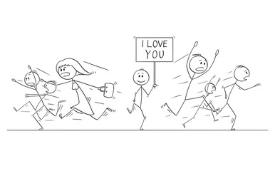 Canvas Print - Cartoon stick figure drawing illustration of group or crowd of people running in panic away from man walking with I love you sign.