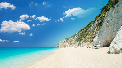 Egremni beach, Lefkada island, Greece. Large and long beach with turquoise water on the island of Lefkada in Greece