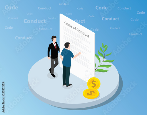 Fotografía isometric code of conduct concept with business man standing together on front o