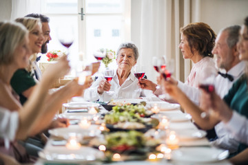 A big family sitting at a table on a indoor birthday party, clinking glasses.